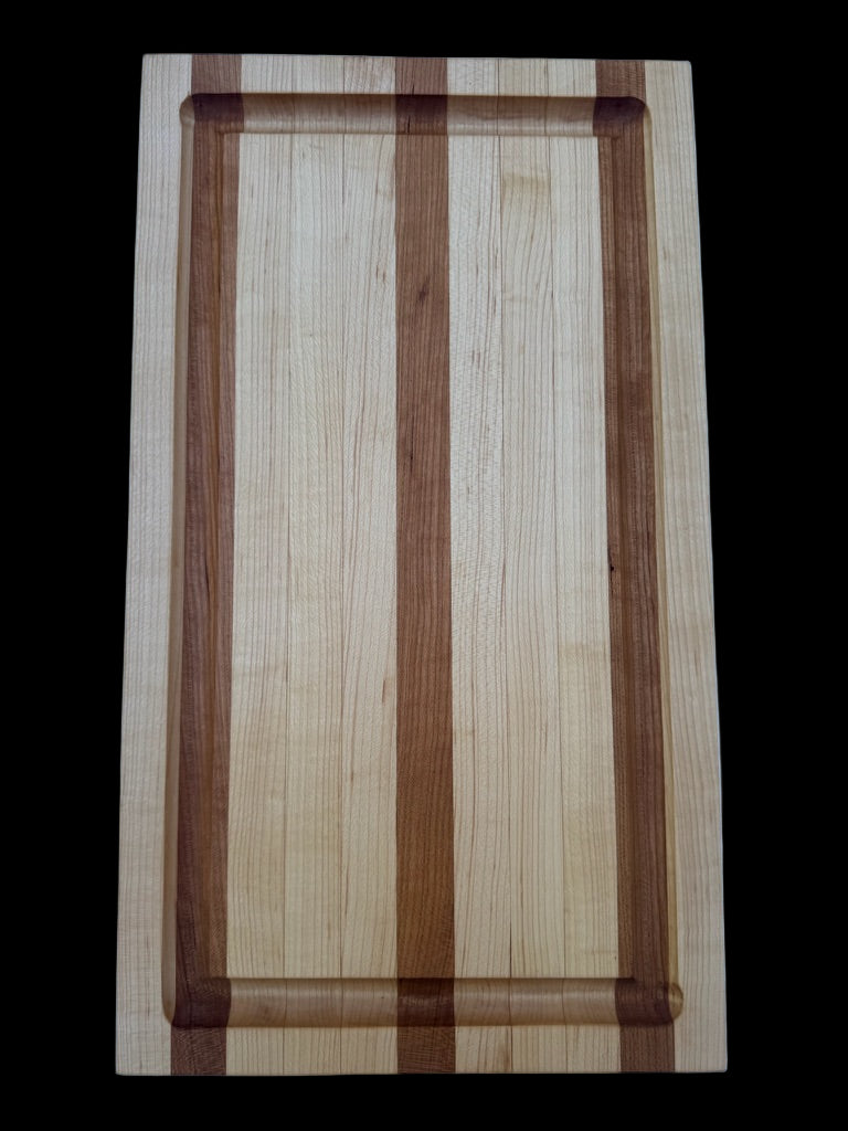 Wooden cutting board with a striped pattern on a light blue background