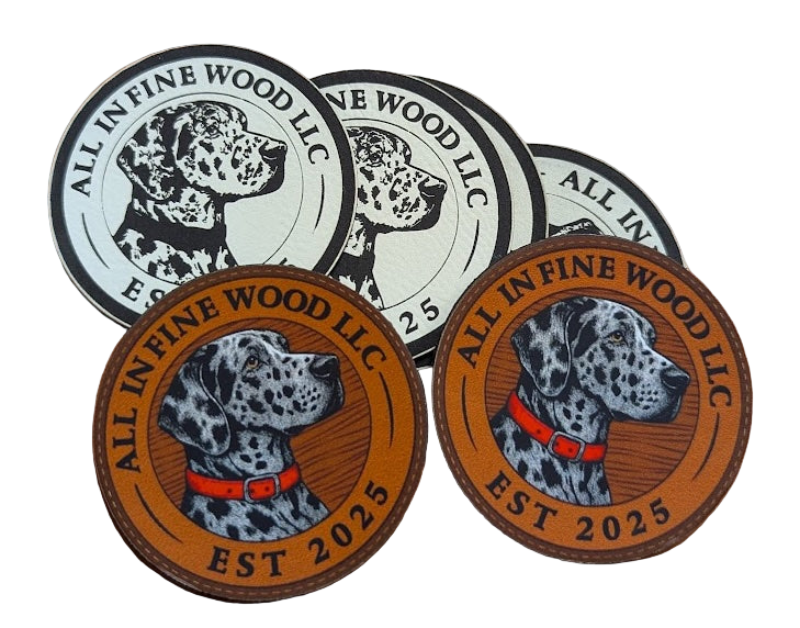 All In Fine Wood leather patches featuring the Henry logo in white and brown variations.