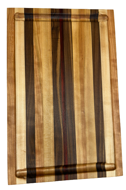 Wooden cutting board with striped pattern on a white background