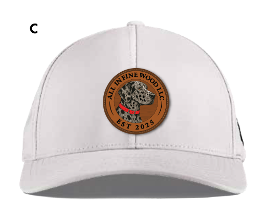 White cap with our logo featuring Henry our Great Dane mascot and text on a white background