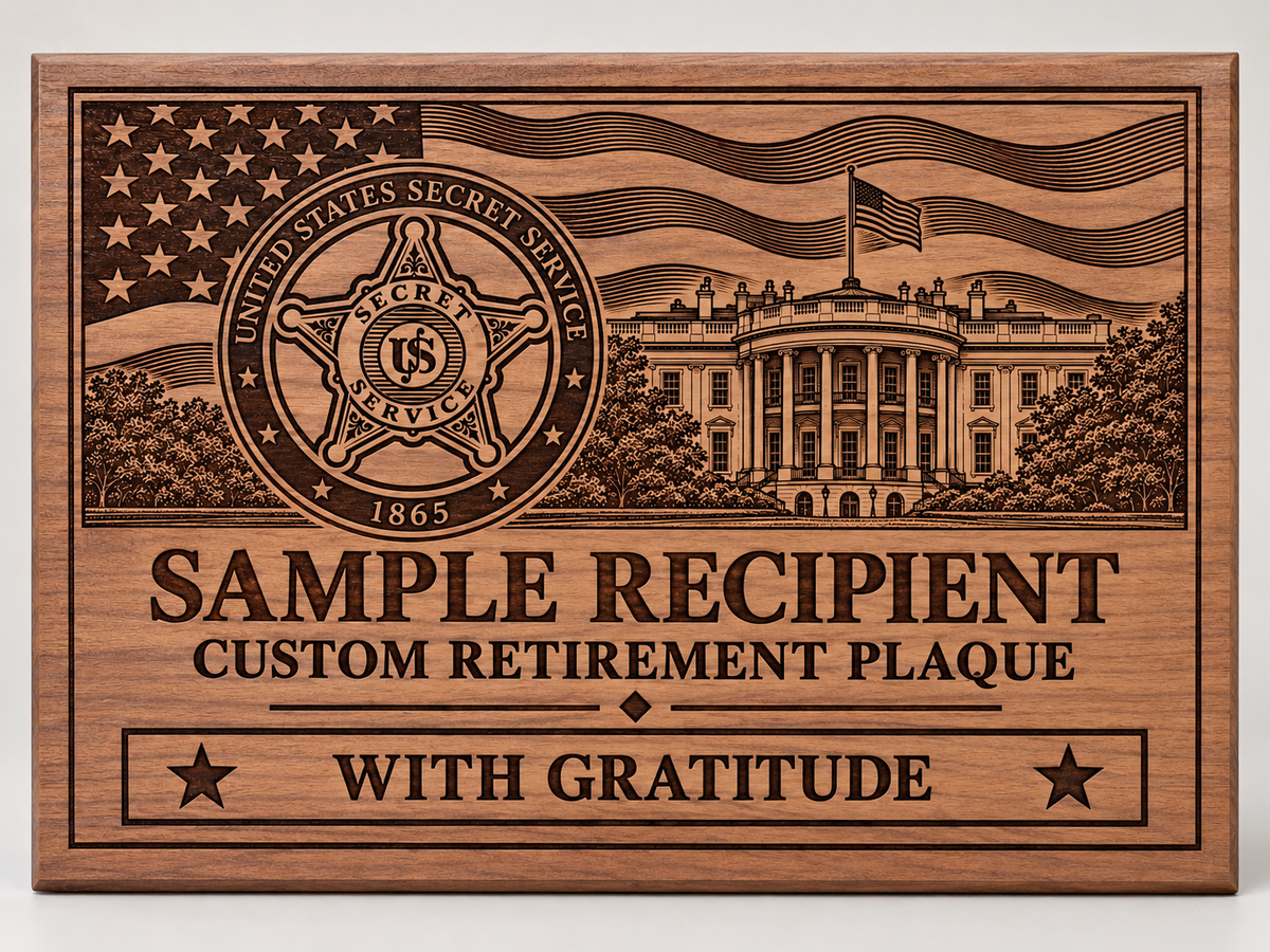 Sanitized sample custom black walnut retirement and recognition plaque by All In Fine Wood