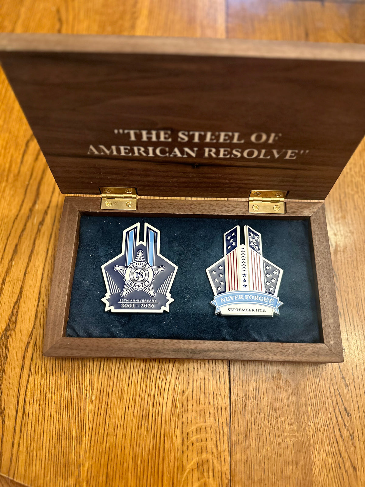 Handcrafted black walnut presentation box with hard maple inlay and fitted navy microsuede interior