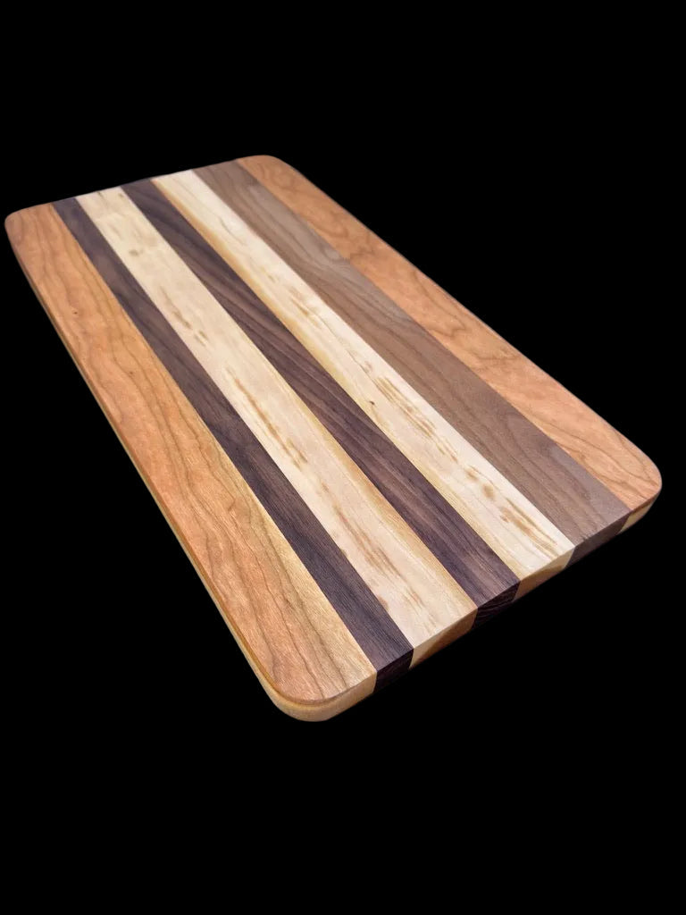 Walnut cherry and maple charcuterie board — additional angle