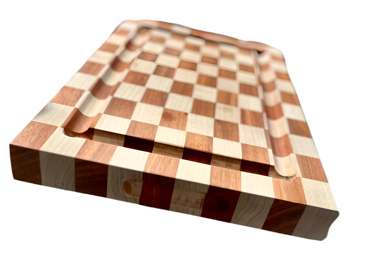 Wooden cutting board with checkered pattern on a white background