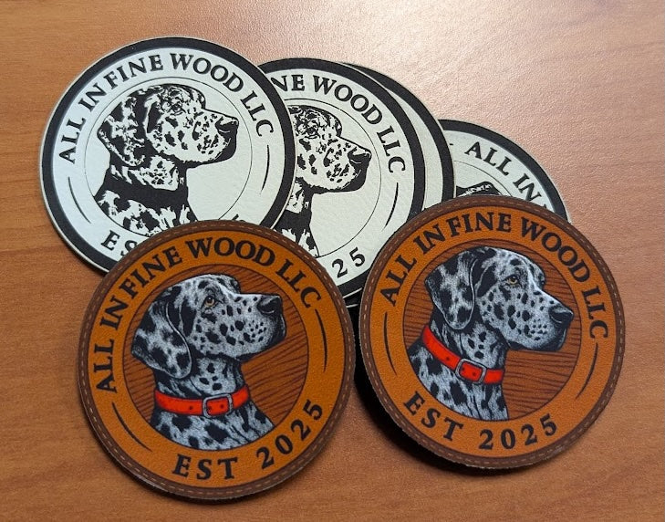 All In Fine Wood leather patches featuring the Henry logo in white and brown variations.