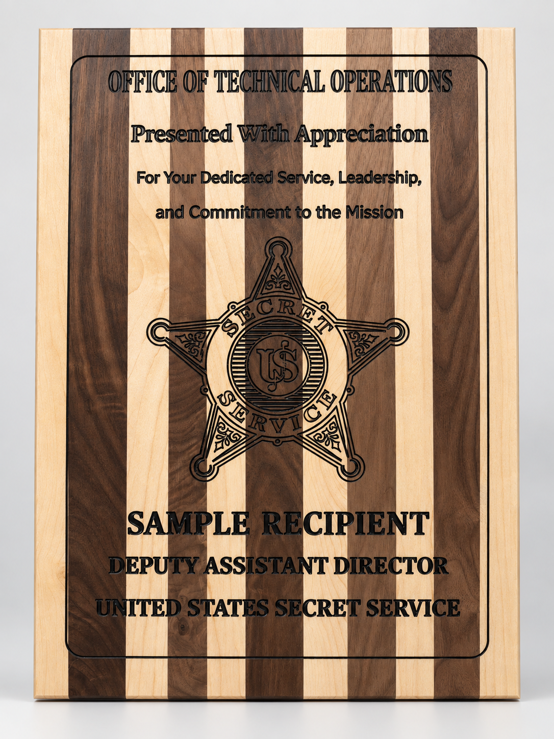 Sanitized sample striped hardwood executive recognition plaque with generic recipient