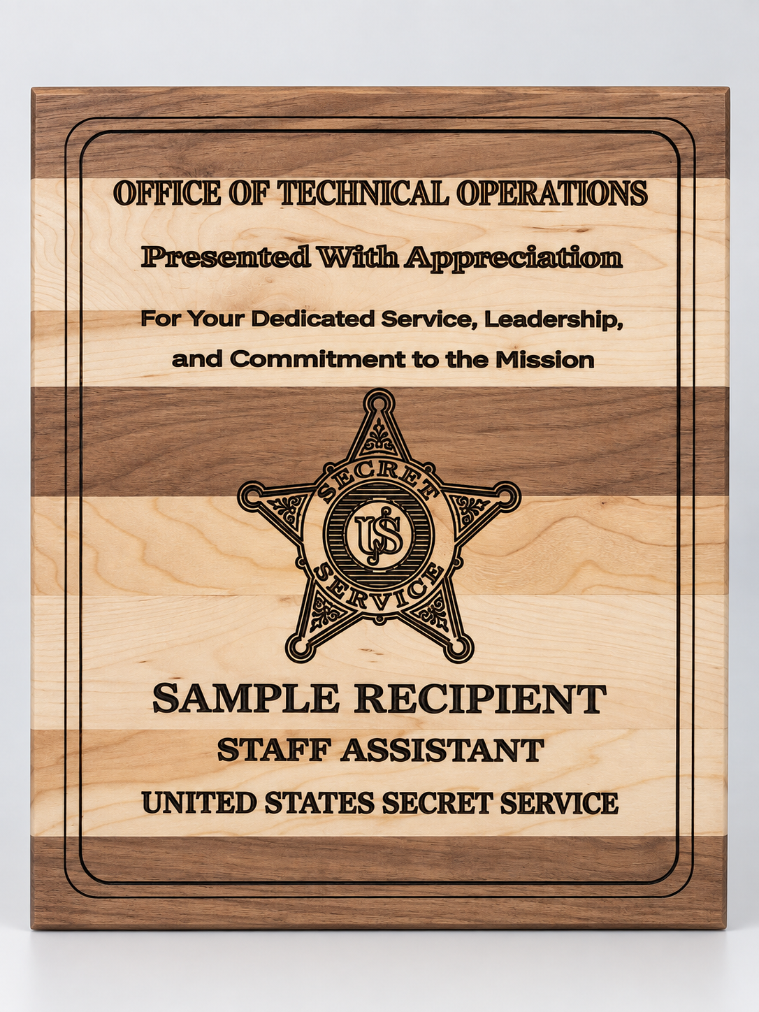 Sanitized sample striped hardwood recognition plaque with generic recipient
