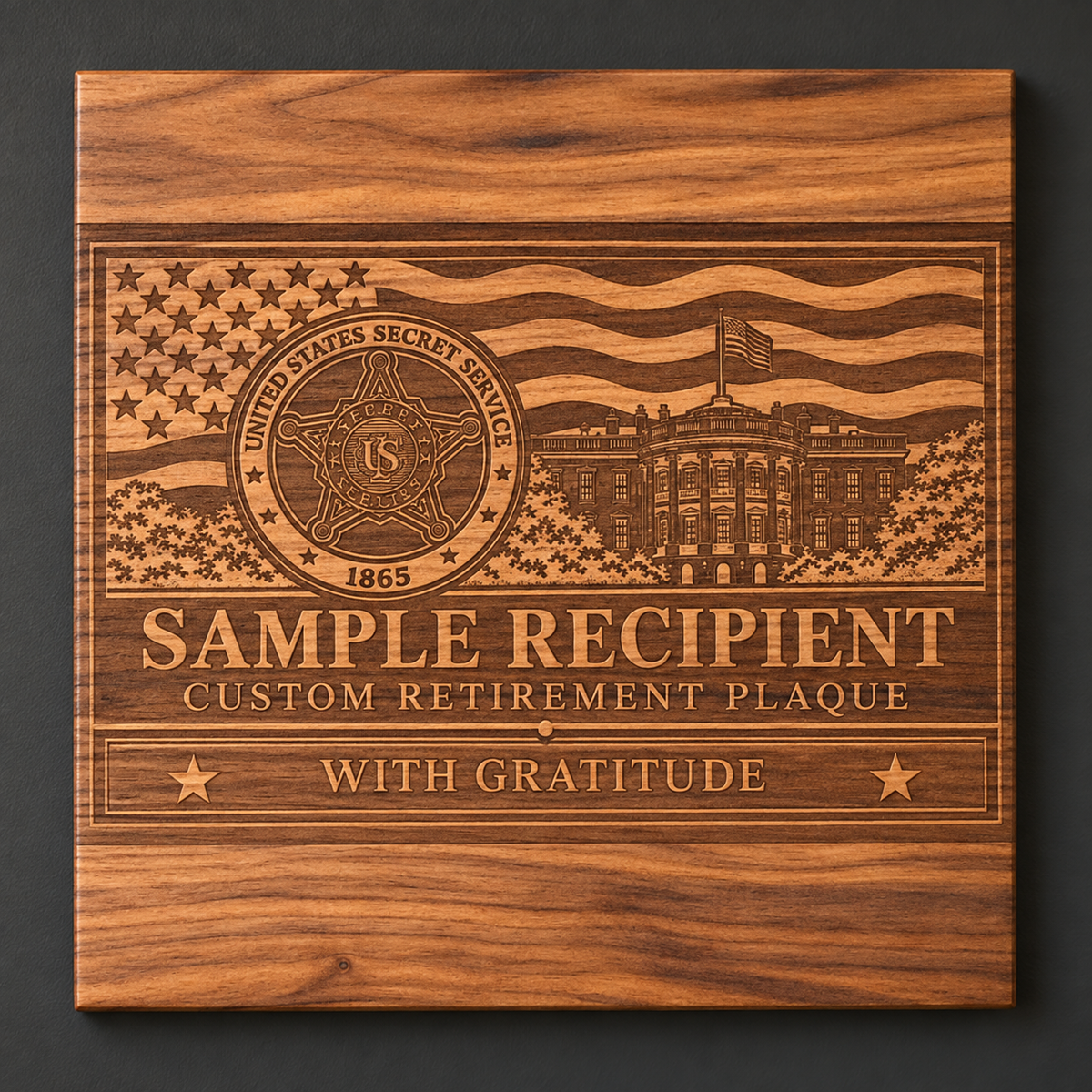 Sanitized sample custom walnut retirement plaque displayed on a dark wall