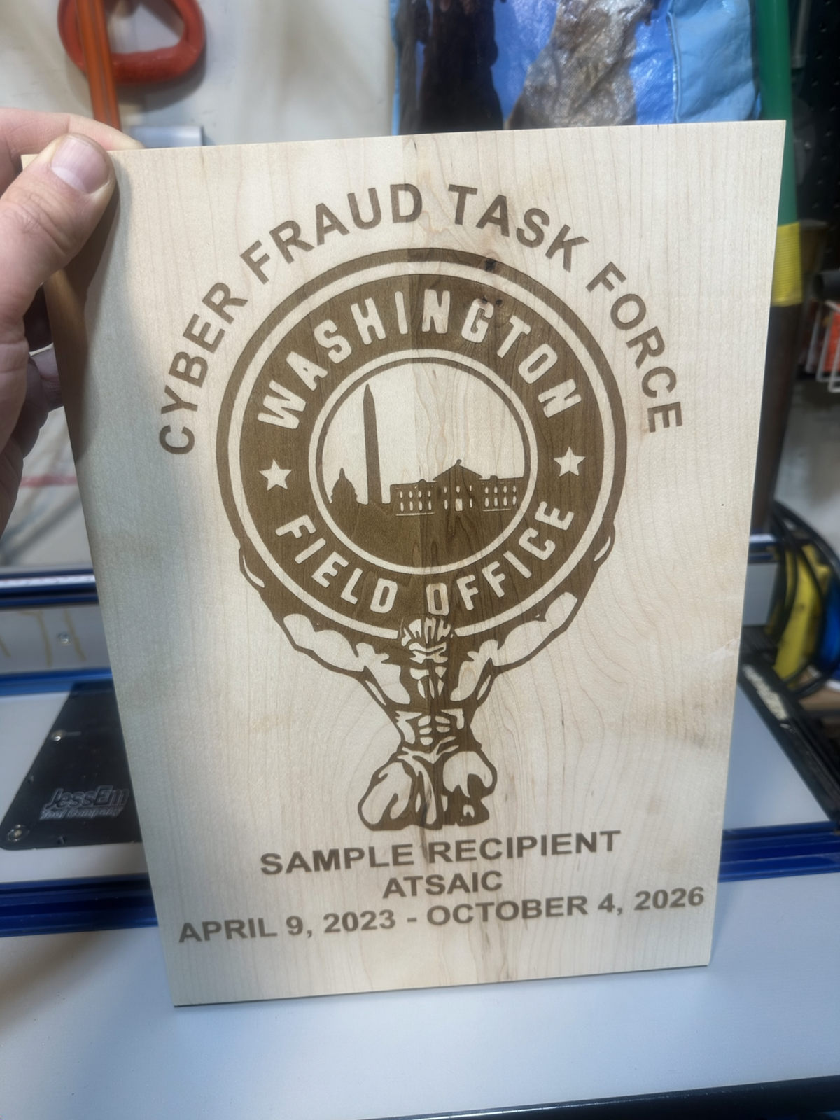 Custom maple retirement and recognition plaque with sample recipient name