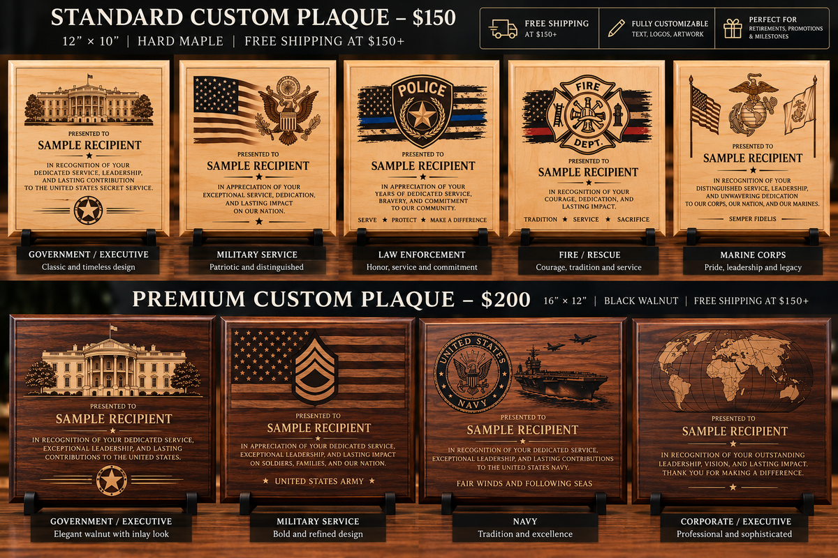 Design concept gallery for premium black walnut retirement, military, law enforcement, fire rescue and executive plaques
