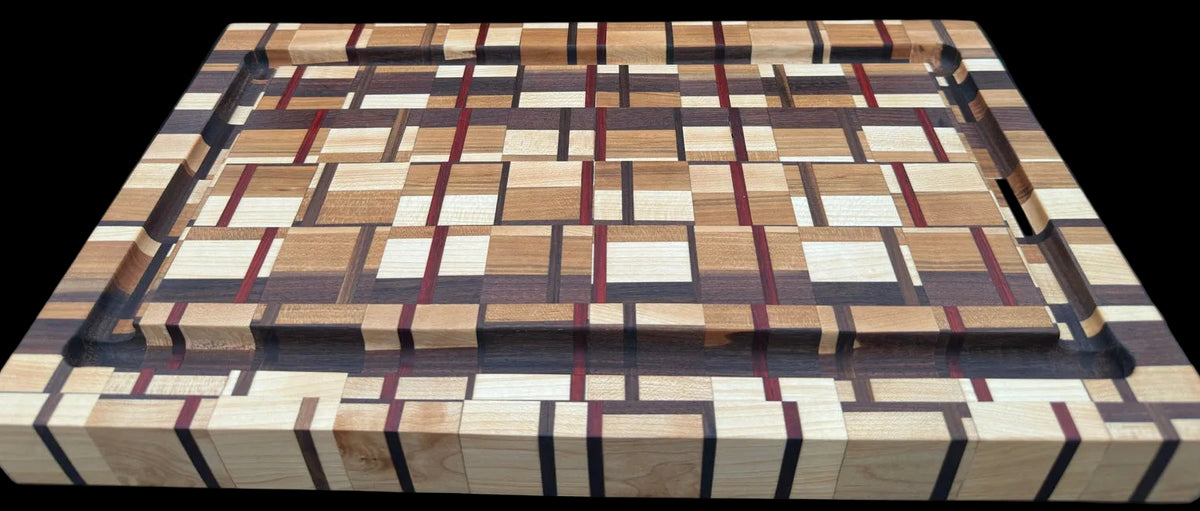 Pitmaster Plaid end-grain brisket board in walnut cherry maple and padauk